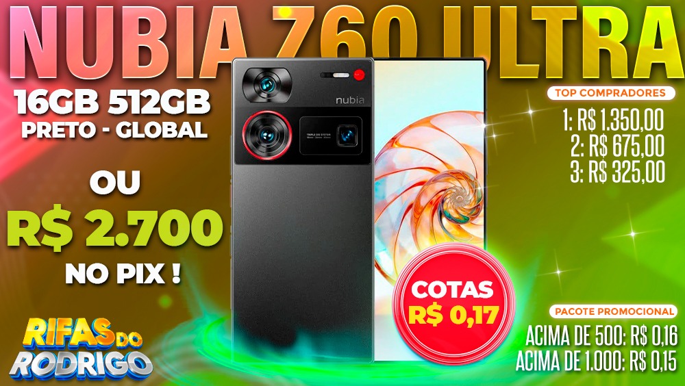 NUBIA Z60 ULTRA 16GB 512GB GLOBAL OFICIAL PRETO OU R$2.700 NO PIX! TOP COMPRADORES: 1.R$1.350 2.R$675 3.R$325