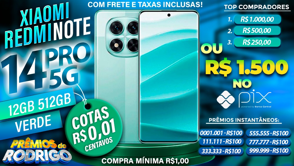 XIAOMI REDMI NOTE 14 PRO 5G 12GB 512GB GLOBAL VERDE COM FRETE E TAXAS INCLUSAS OU R$1.500 NO PIX!